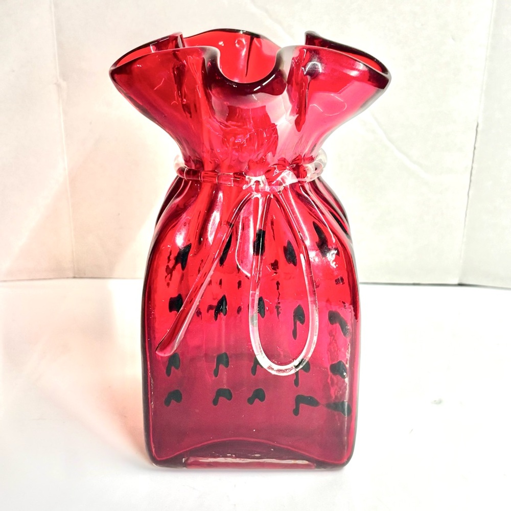Vintage MCM Ruby Red Glass Art Rippled Square Vase With Ribbon
